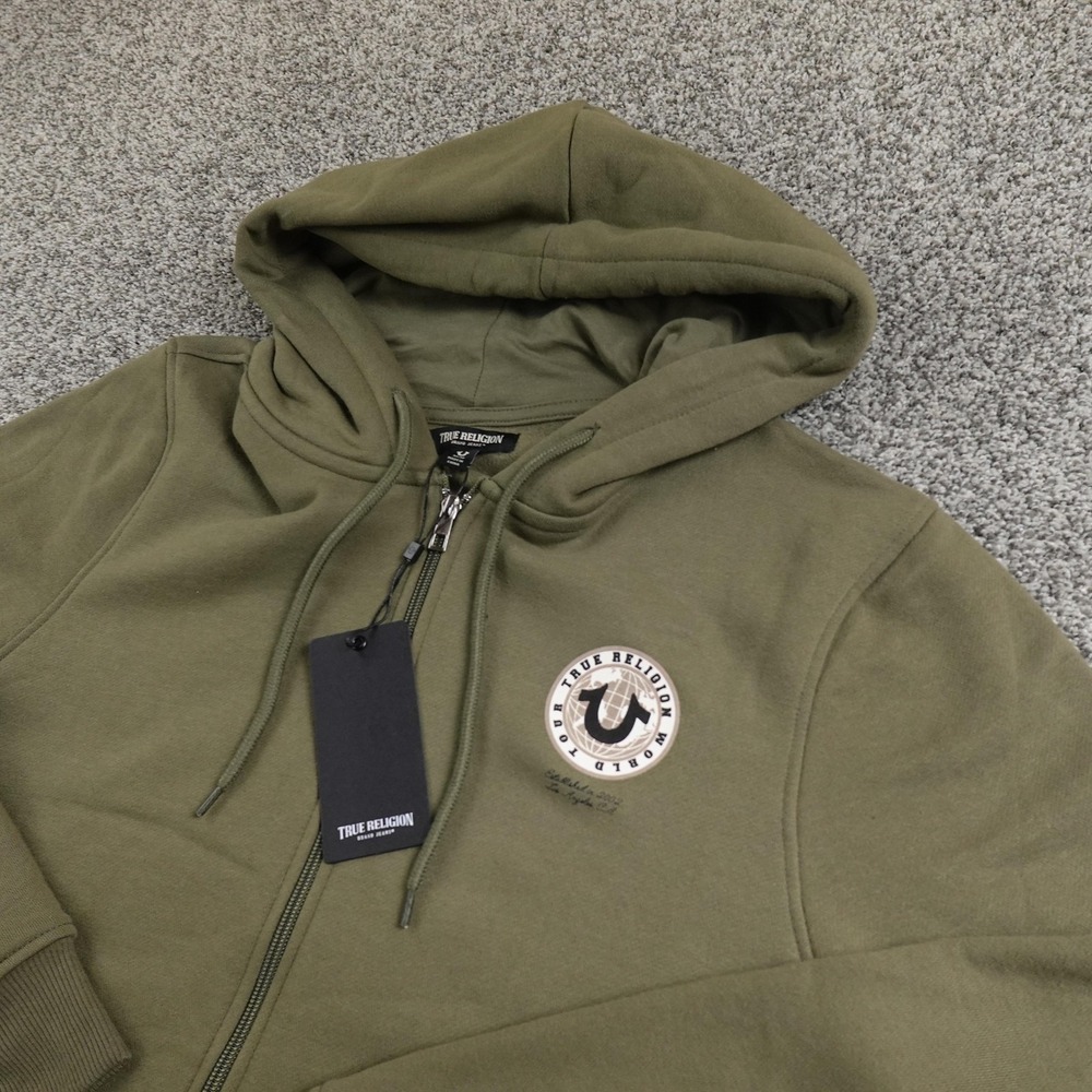 NEW True Religion Hoodie Mens M Green Buddha Full Zip Sweatshirt Jacket Sweater